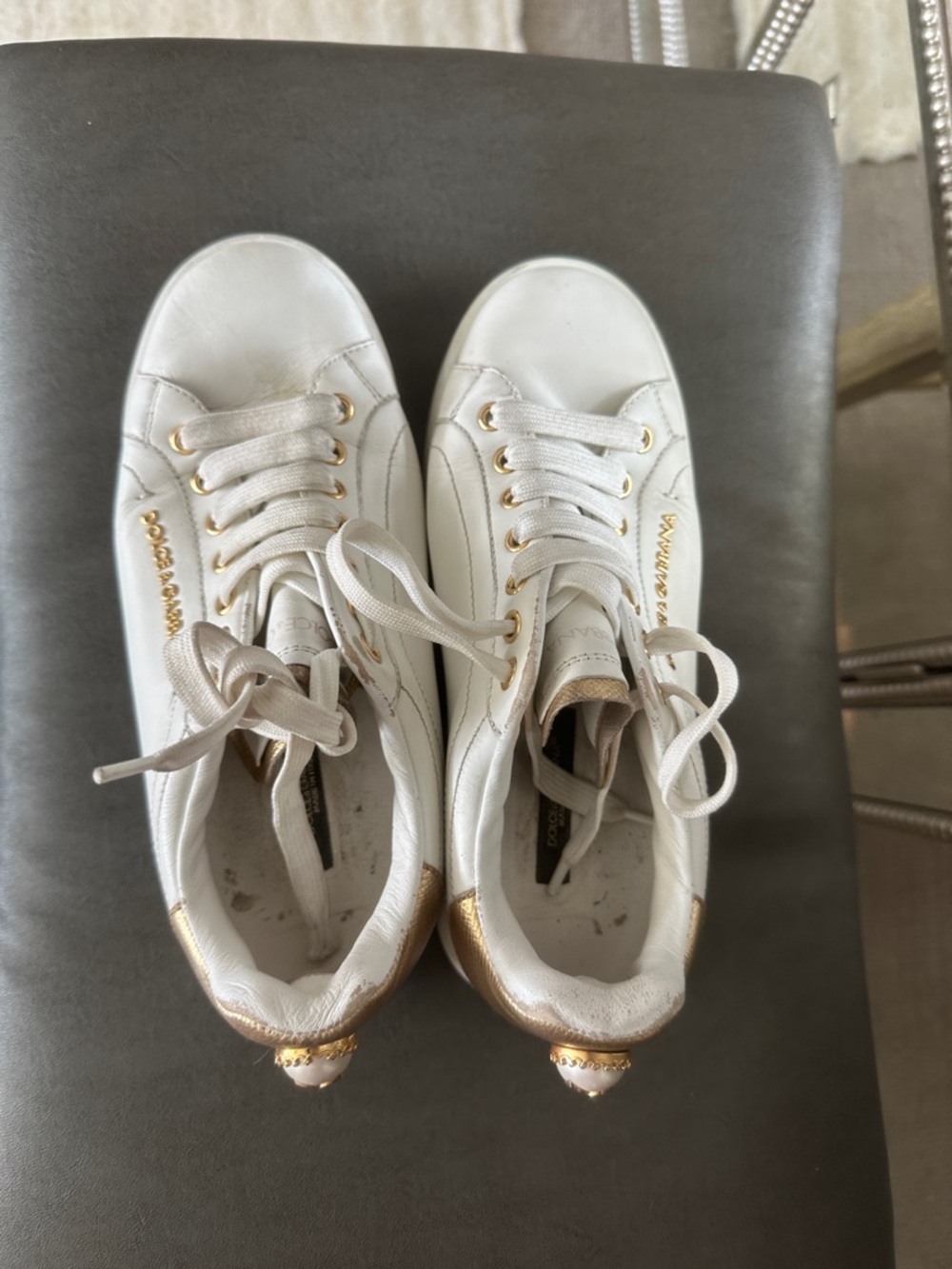 Dolce & Gabbana White Sneakers with Gold Trim